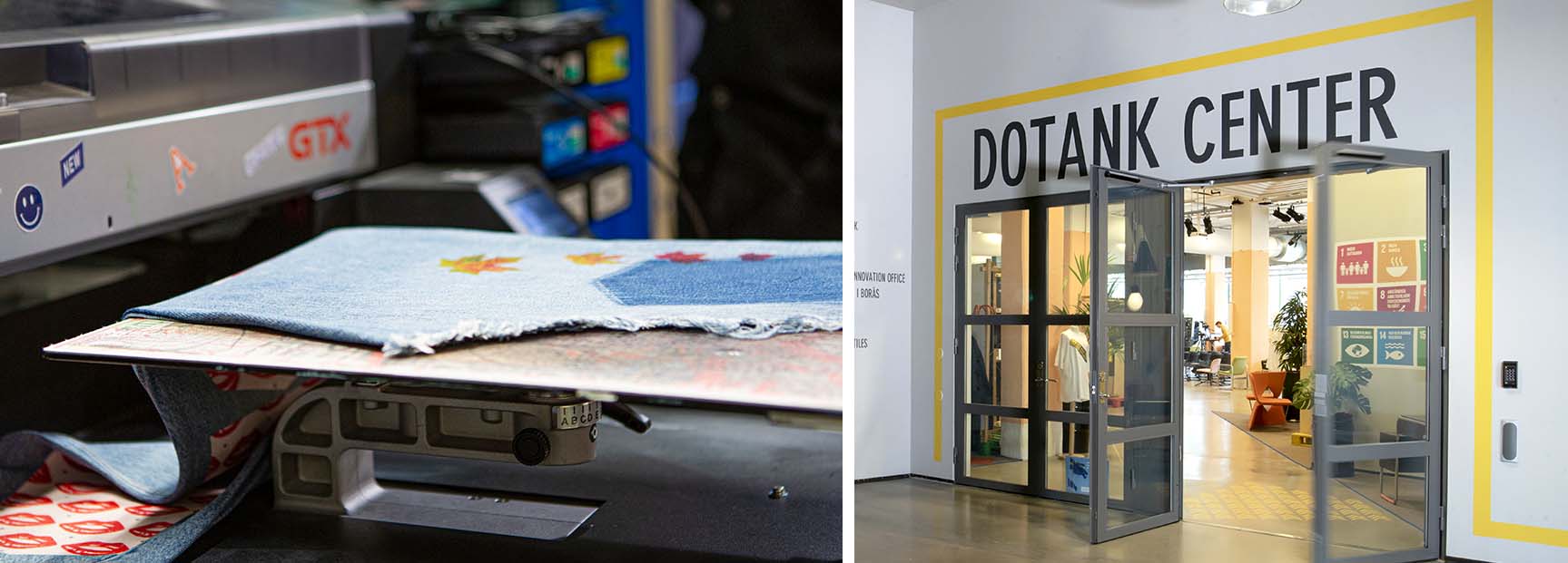 Bildcollage med maskin som trycker mönster på ett jeanstyg och entrén till Do Tank Center Borås